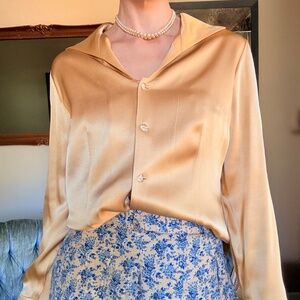 Gold Silk Button Down Blouse Spread Collar Long Sleeve 8 Talbots Work